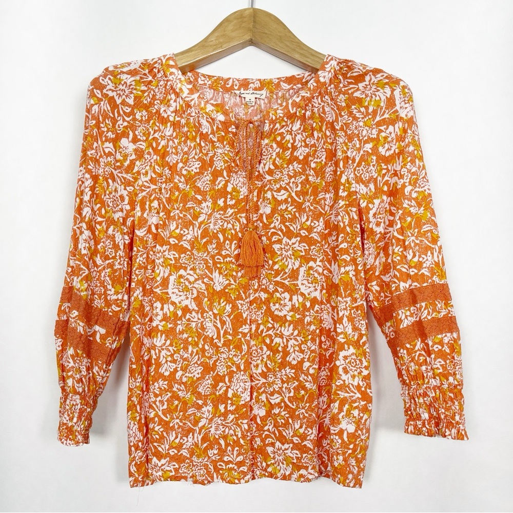 Jane and Delancey Orange‎ White Smocked Tie Front Bohemian Blouse Size Medium